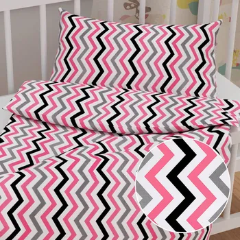 Povlečení Dětské bavlněné povlečení do postýlky Sandra SA-377 Růžovo-šedo-černé cik-cak proužky Do postýlky 90x130 a 40x60 cm