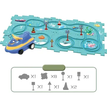 ostatní stavebnice Dětské puzzle elektrická železnice 15ks, téma oceán, 1ks autíčko, 14ks puzzle, interaktivní puzzle pro děti, oceánská železnice
