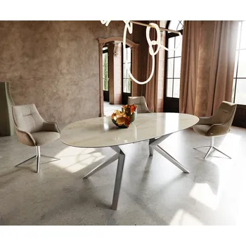 Jídelní stůl DELIFE Jídelní stůl Edge oválný 220x120 keramika Iris FMG Onice Oro Zenthara hranatý nerezová ocel