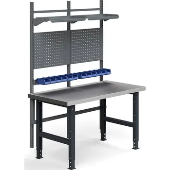 Dílenský stůl Dílenský stůl TRUST, panely na nářadí, plastové boxy, police, 1500x760 mm, ocelový povrch