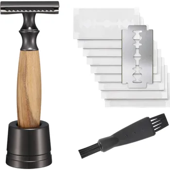 Břitva na holení Bezpečnostní holicí set olivové dřevo a kov Stojánek 10 náhradních jednobřitých žiletek Tradiční mokré holení pro muže i ženy