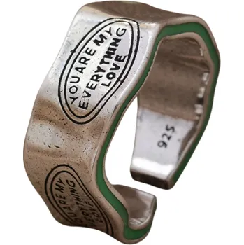 Prsten Šířka 6 mm Otevřený dámský prsten Nepravidelný tvar vlny Zeleno-stříbrný prsten z pryskyřice s nápisem YOU ARE MY EVERYTHING LOVE