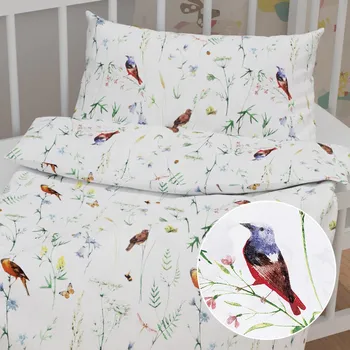 Povlečení Dětské bavlněné povlečení do postýlky Sandra SA-392 Luční kvítí s ptáčky Do postýlky 90x140 a 40x60 cm