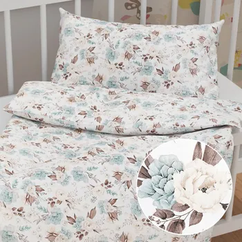Povlečení Dětské bavlněné povlečení do postýlky Sandra SA-451 Žluto-hnědo-mintové růže na bílém Do postýlky 90x140 a 50x70 cm