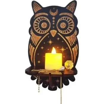 Dekorativní nástěnný držák na svíčku 21,5 x 12 cm Dřevěná police ve tvaru sovy Mystická bytová dekorace na zeď
