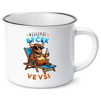 Žertovný předmět Nejlepší býček ve vsi - keramický smaltovaný hrneček s potiskem- Tričkový.cz