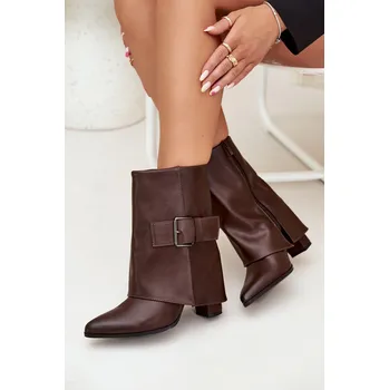 Dámské kozačky Zateplené boty na podpatku s ohrnutým svrškem a u sponou Ylenara Barva: Béžová, Velikost: 40