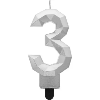 Svíčka číslo 3 - diamant, stříbrná metalíza, 7,6 cm