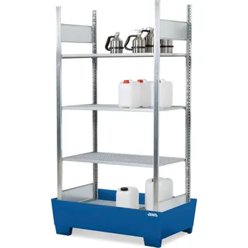 Dílenský regál Regál na malé nádoby, 4 mřížové rošty, lakovaná záchytná vana, 1236 x 816 x 2100 mm