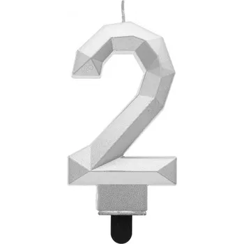 Svíčka číslo 2 - diamant, stříbrná metalíza, 7,6 cm