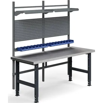 Dílenský stůl Dílenský stůl TRUST, panely na nářadí, plastové boxy, police, 2000x760 mm, ocelový povrch