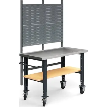 Dílenský stůl Pojízdný dílenský stůl TRUST, panel na nářadí, spodní police, 1500x760 mm, ocelový povrch