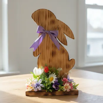 Velikonoční dekorace Velikonoční aranžmá – Dřevěný zajíček (fialová mašle)