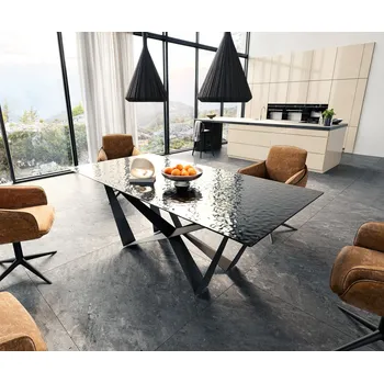 Jídelní stůl DELIFE Jídelní stůl Edge 200x100 sklo s reliéfem kouřově černé 3D design Spider plochá ocel černá