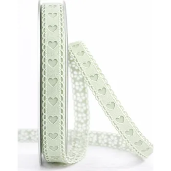 Stuha Vysekávaná dekorativní stuha pastelově zelená Sweet Hearts Pastel Green –&nbsp; 15mm × 1m (emná vysekávaná stuha v pastelově zeleném odstínu)