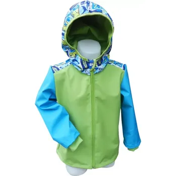 Chlapecká bunda AKCE Dětská letní softshellová bunda bez zateplení, Surf, zelená s modrými rukávy, vel. 104 (Chlapecká lehká softshellová bunda s kapucí pro děti | Letní funkční bunda s kapucí | lehká, prodyšná a voděodolná)