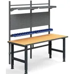 Dílenský stůl TRUST, panely na nářadí, plastové boxy, police, 2000x760 mm, tvrzená deska