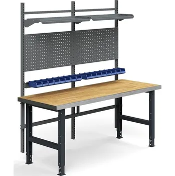 Dílenský stůl Dílenský stůl TRUST, panely na nářadí, plastové boxy, police, 2000x760 mm, povrch z dubového dřeva