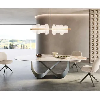 Jídelní stůl DELIFE Jídelní stůl Edge oválný 280x130 keramika Minas Melange bílá béžová Infinity kov efekt titan