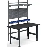 Dílenský stůl TRUST, panely na nářadí, plastové boxy, police, 1500x760 mm, s ochrannou podložkou