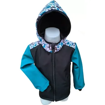 Chlapecká bunda Dětská softshellová bunda s fleecem, Lesní zvířátka, černá s petrolejovými rukávy (Dětská softshellová bunda s kapucí – větruodolná a voděodolná bunda pro kluky i holky)