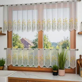 Záclona Vitrážová záclona polyesterový batist 45720 vyšívané žluté luční kvítí, bílá výška 65cm (v metráži)
