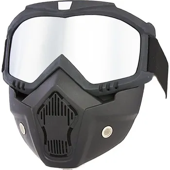 Motocyklové brýle TXR Maska na motorku s brýlemi černo-stříbrná (Moderní motocyklové brýle s odnímatelnou maskou; chrání oči a obličej před větrem; hledí s UV filtrem)