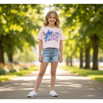 Dívčí oblečení Lilo & Stitch Zkrácené letní dívčí tričko LILO A STITCH (růžové) Velikost: 164