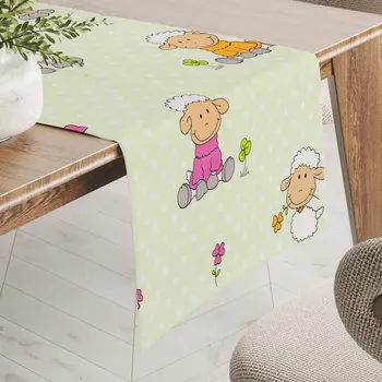ubrus Dětský bavlněný běhoun na stůl Sandra SA-729 Veselé ovečky na světle zeleném puntíkovaném 20x120 cm