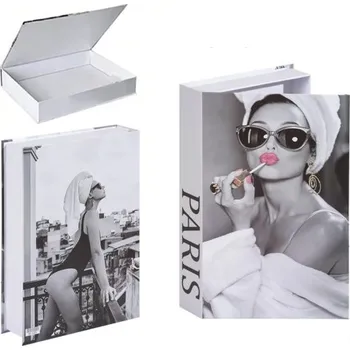 Dekorativní falešná kniha Paris – úložný prostor, otevíratelná, černobílá s motivem Audrey Hepburn a módní elegance