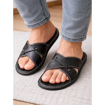 Pánské pantofle Černé pánské kožené papuče 22A, VELIKOST 46