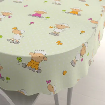 ubrus Dětský bavlněný oválný ubrus Sandra SA-729 Veselé ovečky na světle zeleném puntíkovaném 50x100 cm