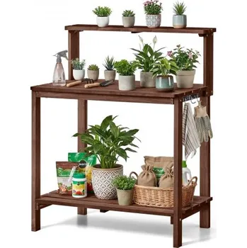 Zahradní stůl VEVOR Zahradní pracovní stůl, venkovní zahradnická pracovní stanice s dřevěnou deskou 91 x 49,5 cm, zahradní pracovní stanice na sázení s úložnými policemi, háček na venkovní terasu, na dvůr, hnědá