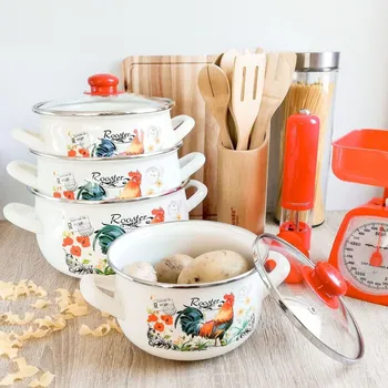 Hrnec Smaltovaný hrnec s pokličkou EMALIA POLSKA PLESZEW KOHOUT krémový 3,8 l