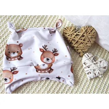 Kojenecká čepice AMÁLKA Elastická čepička teplákovina celotisk, rozkošné zvířátka Velikost: 80-86