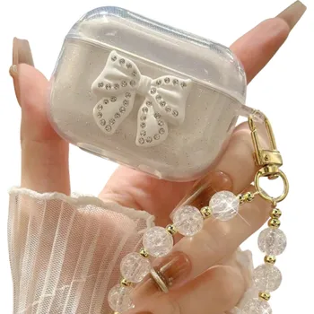 Příslušenství pro sluchátka Unikátní ochranný kryt s mašlí a přívěskem pro Airpods 1 2 Elegantní pouzdro na sluchátka s krystalovým vzhledem a ochranou proti nárazům