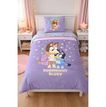 Povlečení BrandMac Dětské bavlněné povlečení BLUEY dobrou noc 140×200cm, 70×90 cm fialové