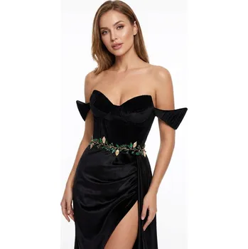 Souprava šperků B-TOP Elegantní pásek ve zlaté barvě se stuhou, lístky a zelenými kamínky