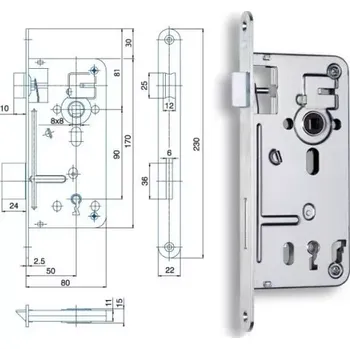 Visací zámek Zadlabací zámek Rozteč 90mm, backset 50mm, zádlab 80mm, čelo 22mm, pro obyčejný klíč