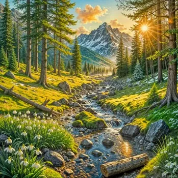 Diamantové malování Diamantové malování - Lesní potůček + třpytivé kamínky (70 x 70)