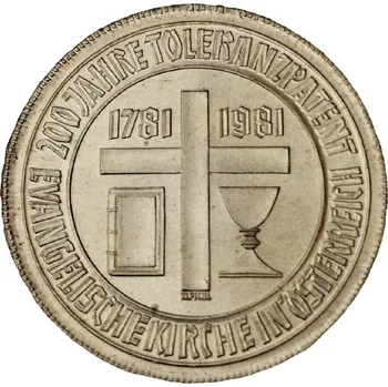 Stříbrná mince 500 Schilling Toleranční patent evangelická církev v Rakousku 1981