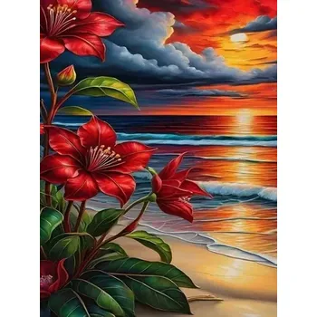 Diamantové malování Diamantové malování - Rudé květy na pláži + perleťové kamínky (60x80)