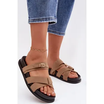 Dámské žabky Dámské pantofle s pásky a zlatým přezkou tmavě béžové Selorina 39