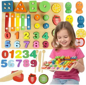 Dřevěná hračka Hra Rybaření 5v1 Xylofonky Třídič Ovoce na Krájení Dřevěné Číslice 09