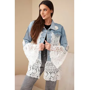 Dámská džínová bunda z bavlny a květinovou krajkou světle džínová UNI