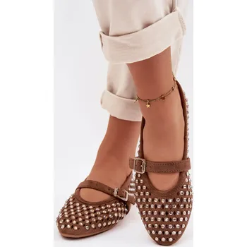 Dámské baleríny Dámské baleríny s otevřeným vzorem s kamínky a páskem Hnědé Wilvessa 39