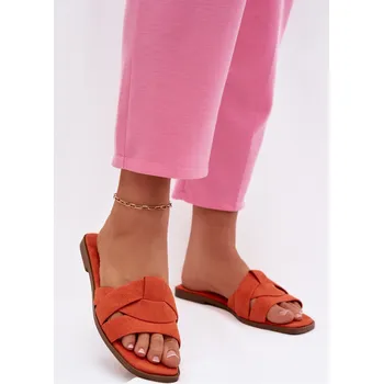 Dámské žabky Dámské ploché nazouváky s pásky Eko semiš Oranžové Florane 38