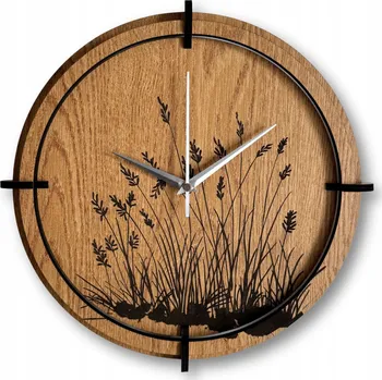 Hodiny Nástěnné hodiny s gravírem trávy - dekor Dub Stříbrné ručičky 30 cm