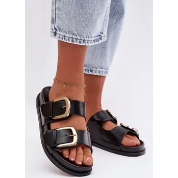 Dámské žabky Dámské eko kožené nazouváky s zlatými sponami Černé Tervessa 37