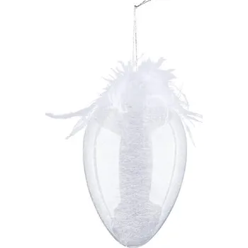 Velikonoční dekorace Vejce s peříčky na zavěšení, sklo, bílá, pr.10x16cm (DOPRODEJ)|Ego Dekor